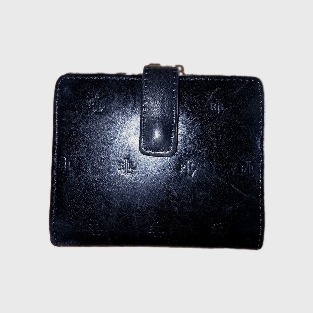 Lauren Ralph Lauren Black Leather Embossed LRL Monogram Wallet Card HolderSnap